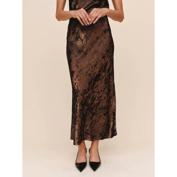 NEW BELLA DAHL women's shimmer bias maxi skirt in bronze